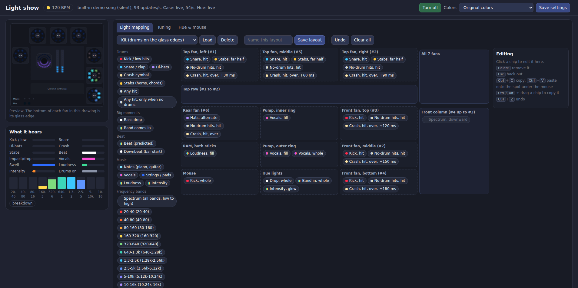 The finished tuning page with live preview, meters, and light mapping