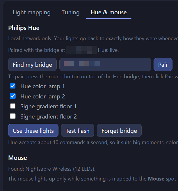 Hue and mouse setup tab listing the bridge and lamps