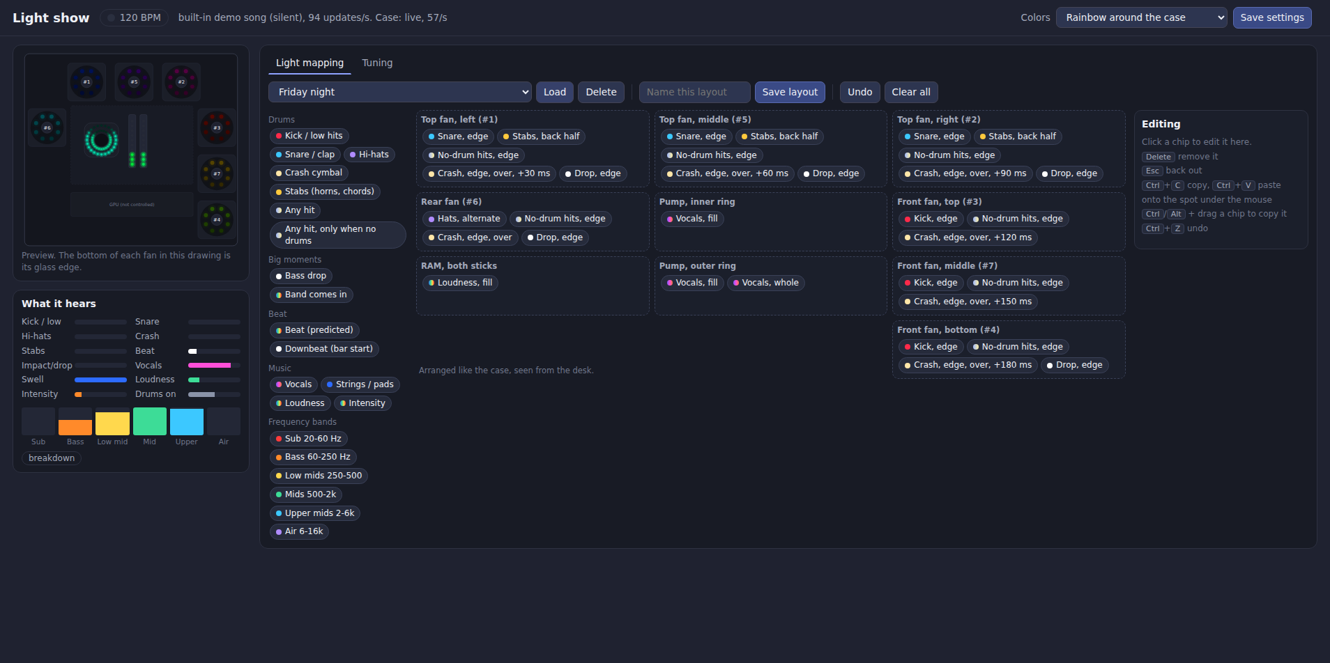 The tuning page with the rainbow-around-the-case color theme
